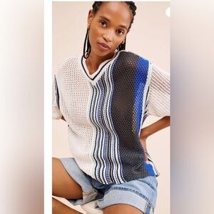 BDG urban outfitters Domino white‎ blue black crochet v-neck sweater Tee Size S